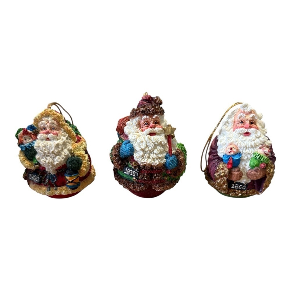 3 Roly Poly Santa Claus Ornaments 1830 1860 1900 Roman Inc Vtg 1993